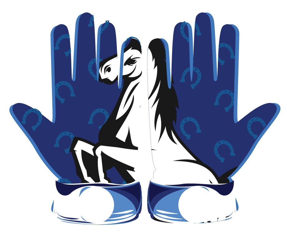 Customizable blue golf gloves for men with white horse design, durable leather front and flexible lycra back